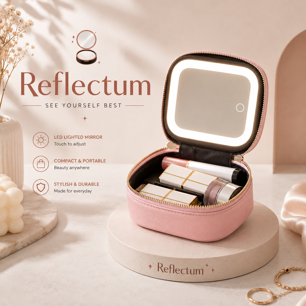 Reflectum Beauty Box – Makeup Bag with Built-In  LED mirror