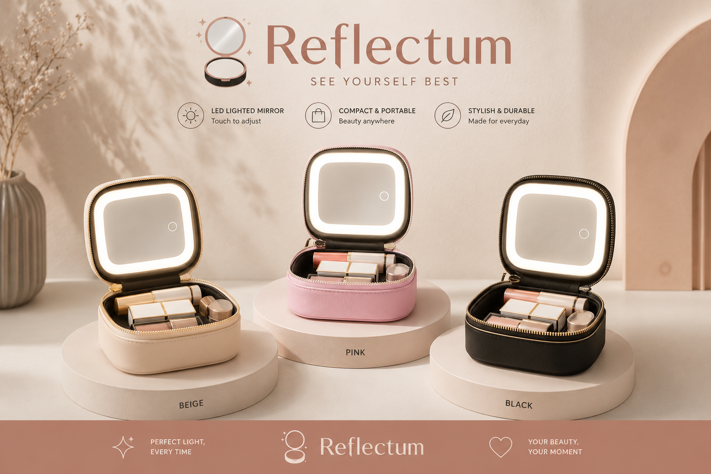 Reflectum Beauty Box – Makeup Bag with Built-In  LED mirror